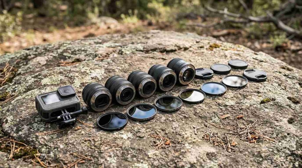 Interchangeable lenses and filters on a rock beside an action camera