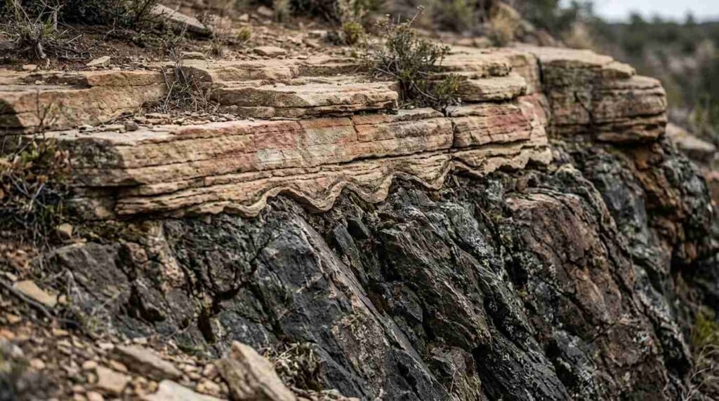 Flat sandstone layers resting on tilted dark basement rock