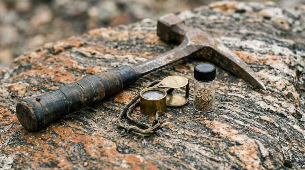Geologist rock hammer and hand lens on banded rock with a sample vial