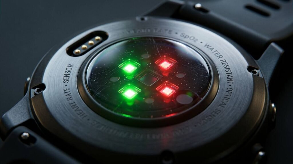 Macro of a smartwatch back sensor array with green and red LEDs