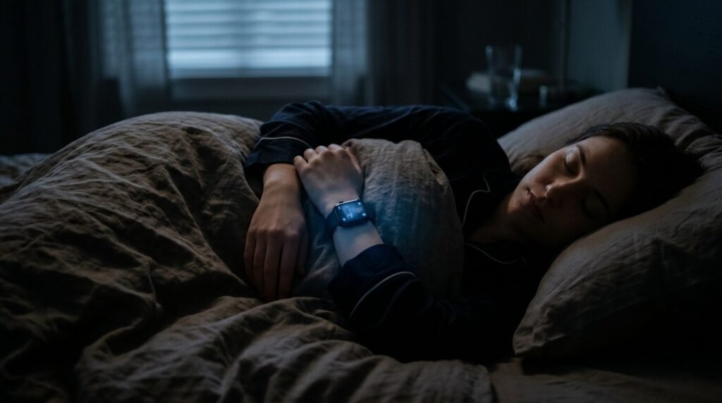 Person sleeping with a smartwatch and a soft blue glow