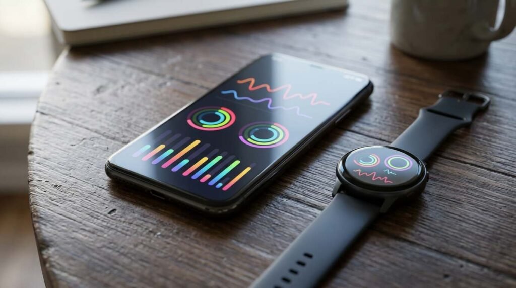 Smartwatch and phone showing abstract health charts