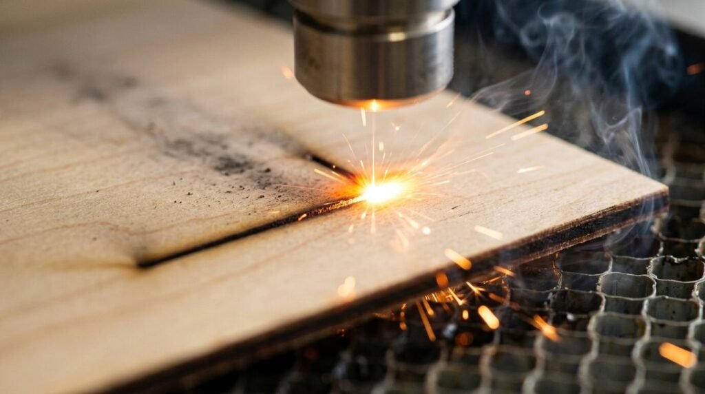 Laser beam cutting thin plywood with sparks