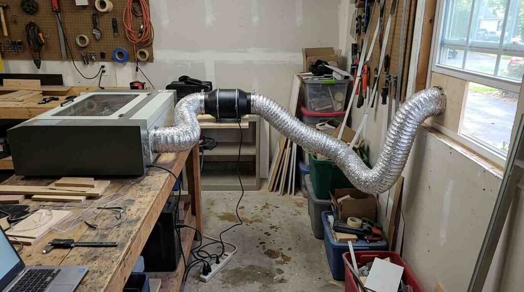 Laser cutter exhaust fan and duct running to a window
