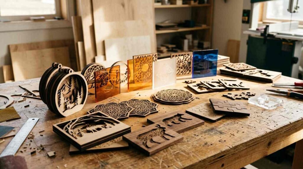 Laser-cut wooden and acrylic crafts on a bench