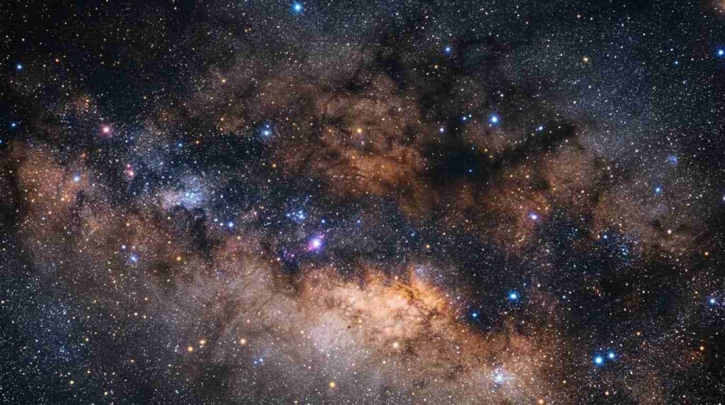 Dense star field toward the Milky Way center crossed by dark dust lanes