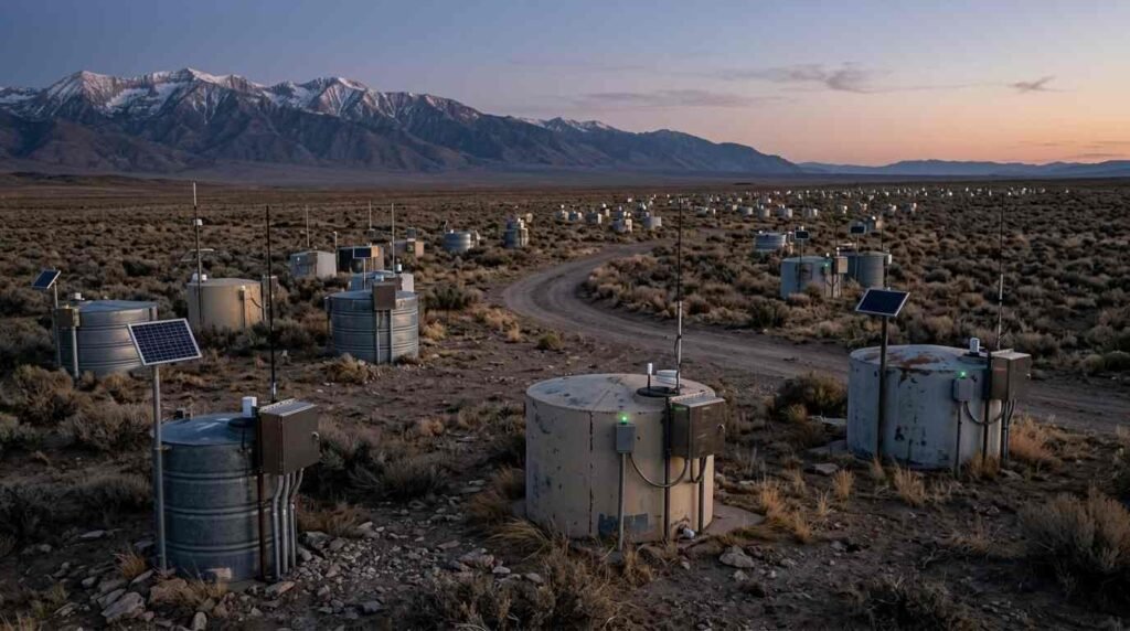 Array of water tank detectors on a high desert plateau at dusk