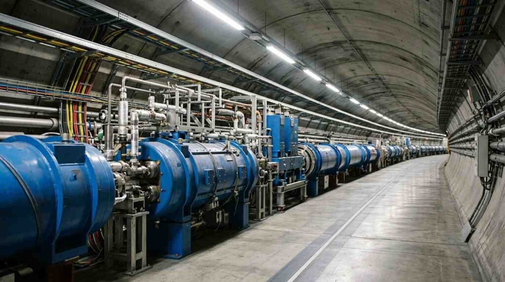 Curved particle accelerator tunnel lined with blue magnets