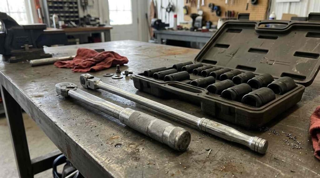 Torque wrench and breaker bar beside impact sockets