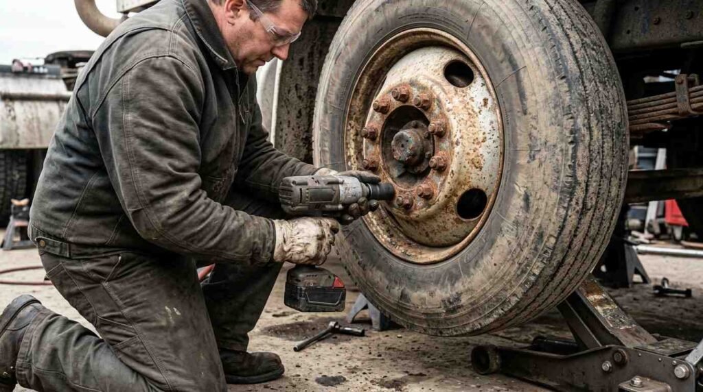 Mechanic removing a rusted lug nut from a truck wheel