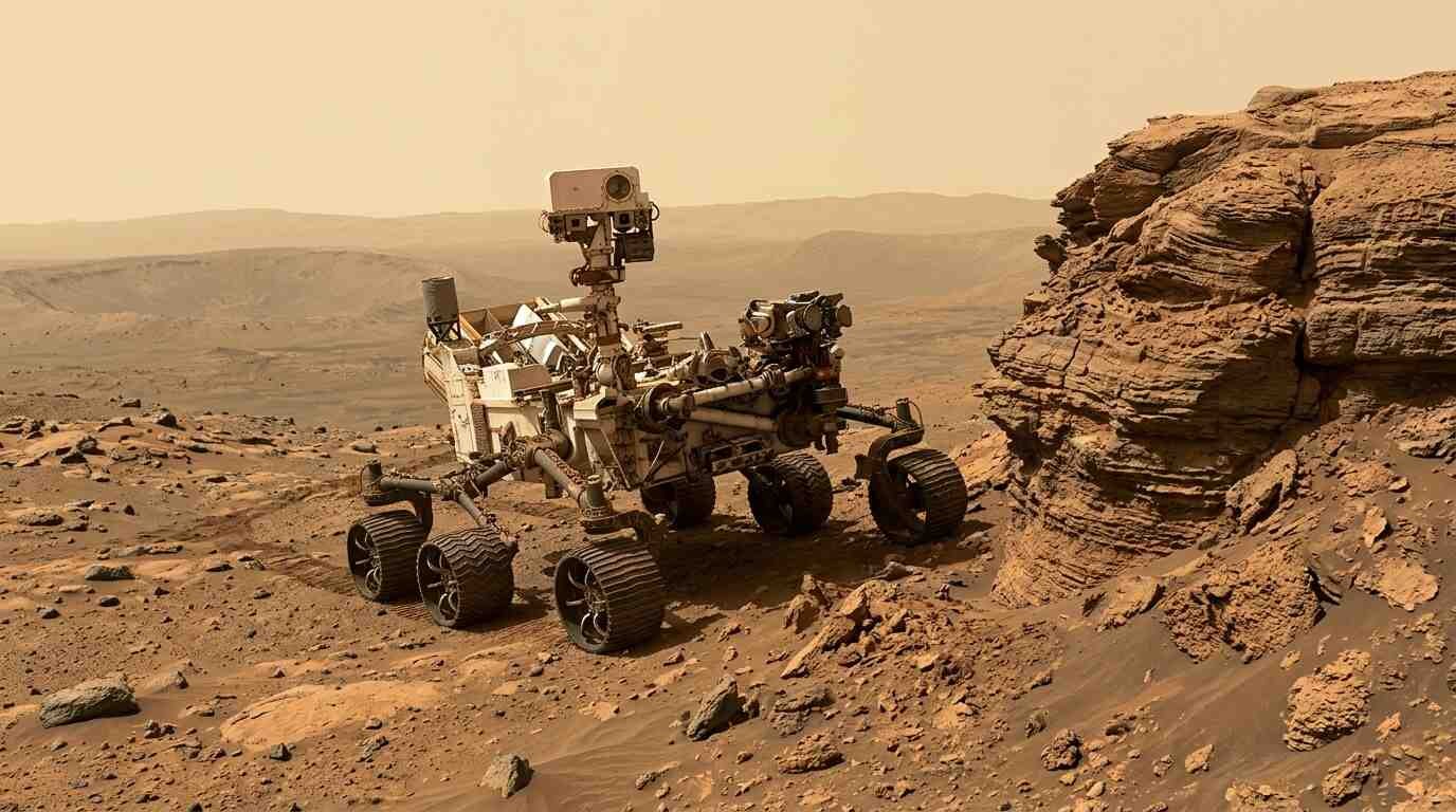 Six-wheeled Mars rover beside layered rock outcrops