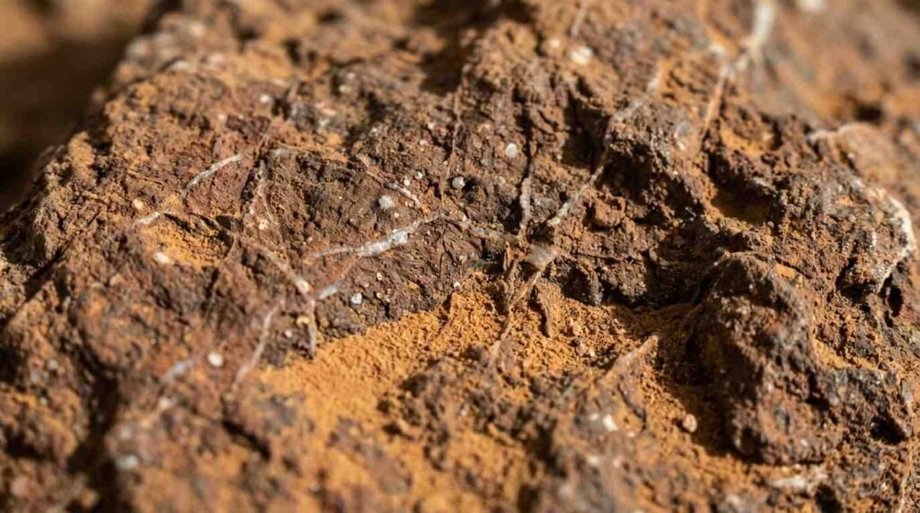 Reddish Martian rock with small pale spots and mineral veins