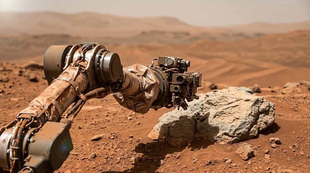 Rover robotic arm with an instrument turret near a pale rock