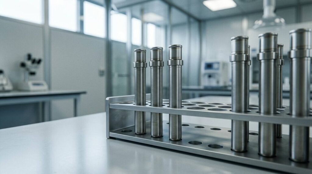 Sealed titanium sample tubes standing in a rack in a clean laboratory