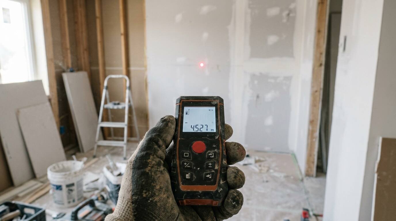 Laser distance measurer projecting a red dot on a wall
