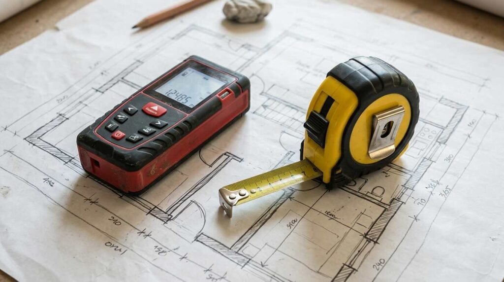 Laser measurer beside a steel tape measure on a floor plan