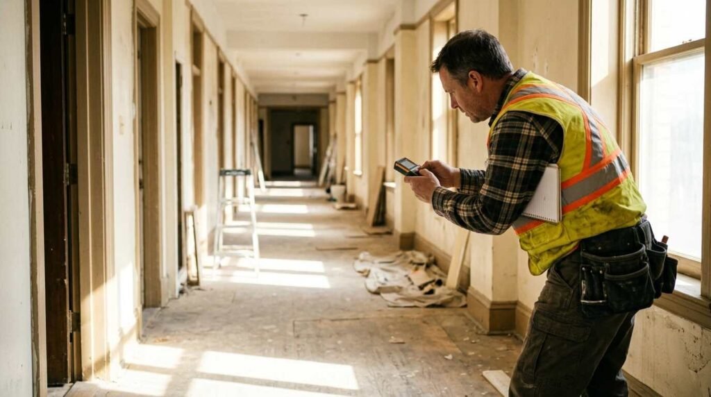 Contractor measuring a long hallway with a laser measurer