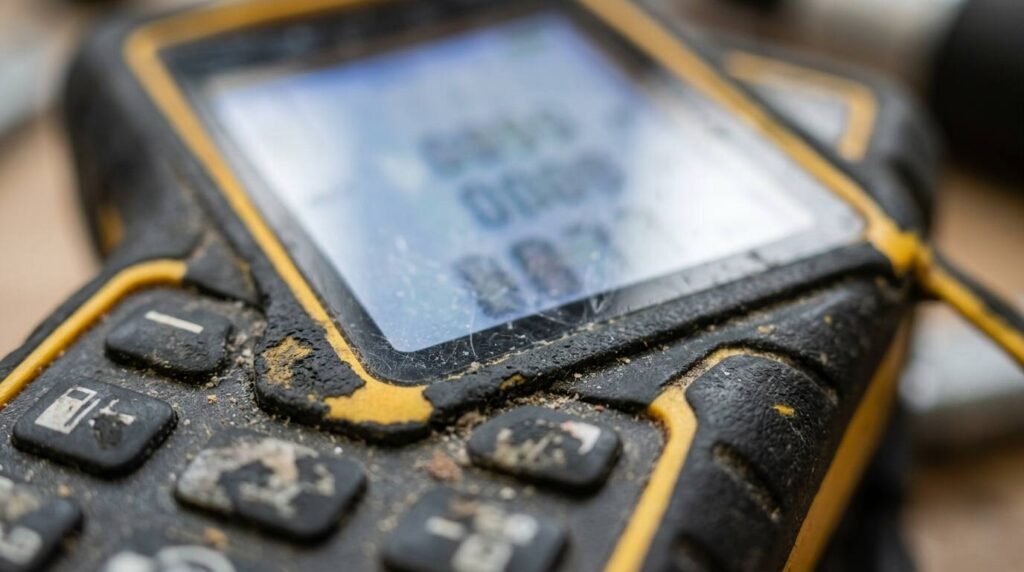 Close-up of a laser distance measurer display and buttons