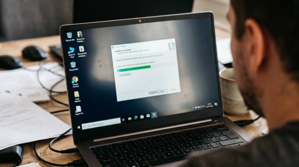 Software installer window with a progress bar on a laptop