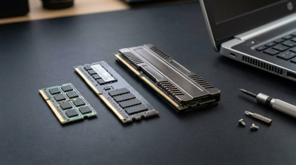 Memory modules in three sizes beside a laptop