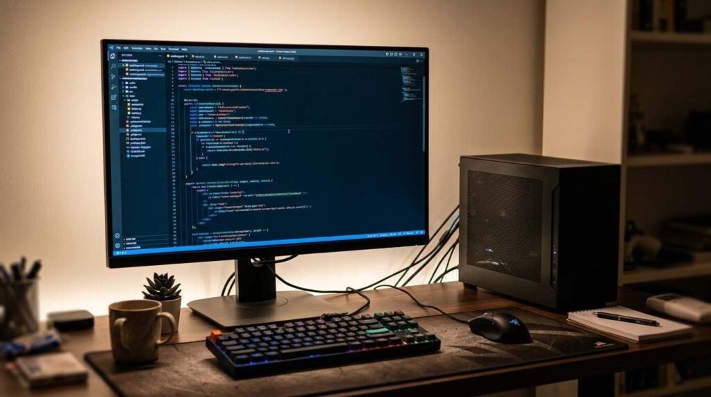 Code editor next to a small computer calling a local API