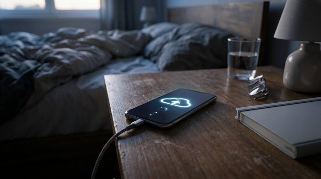Phone charging on a nightstand while backing up to the cloud