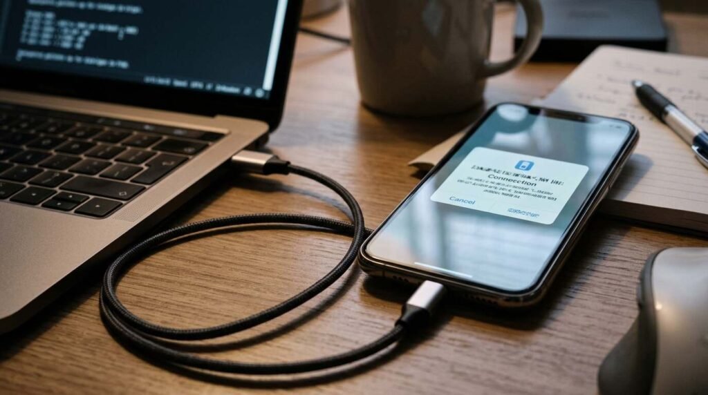Phone plugged into a laptop with a trust prompt