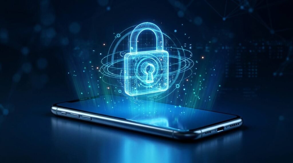 Phone with a glowing padlock for an encrypted backup