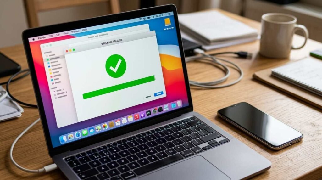 Completed backup checkmark on a laptop beside a phone