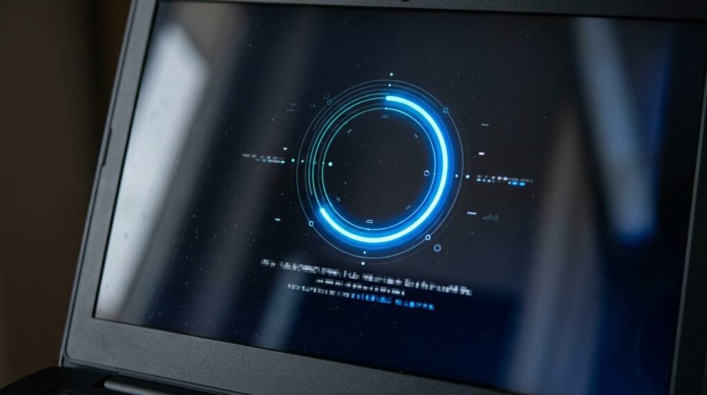 Laptop screen showing a system update progress ring