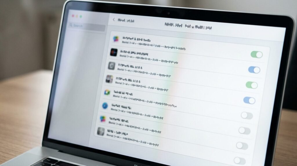 Laptop screen with a list of apps and toggle switches