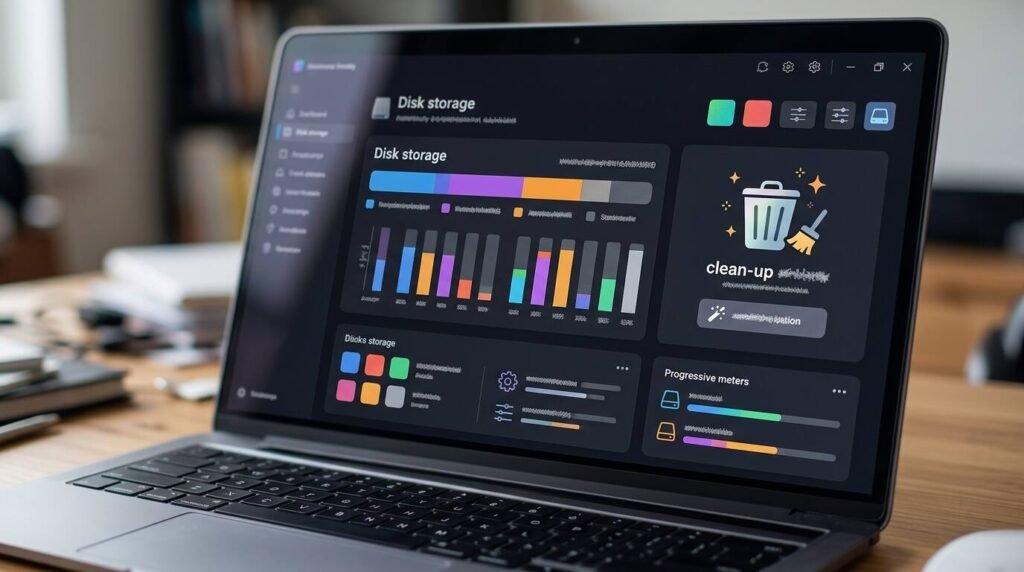 Disk storage bar chart with a clean-up recycle bin icon