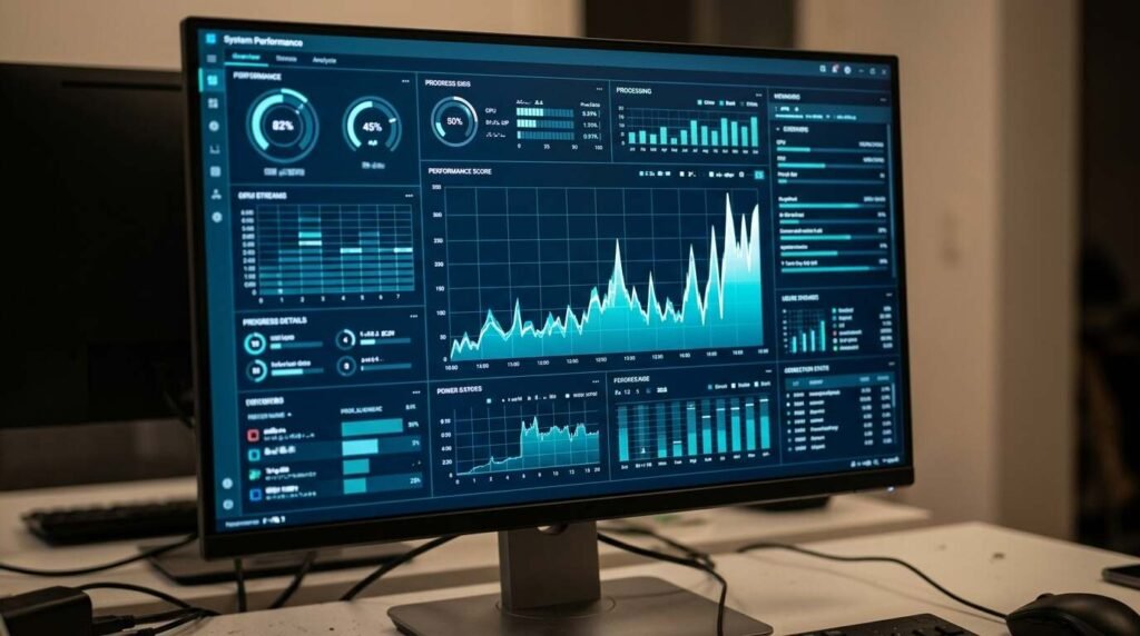 Performance graphs with a CPU usage line spiking