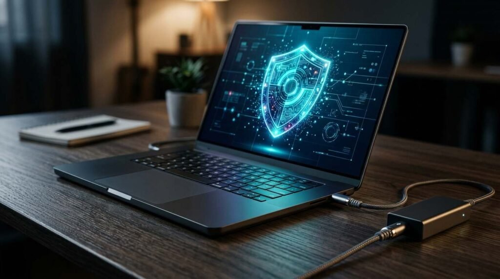 Laptop with a shield icon beside a power plug