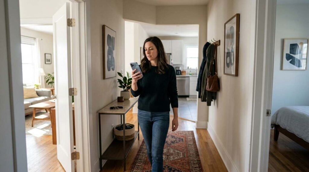Person walking a hallway checking Wi-Fi signal on a phone
