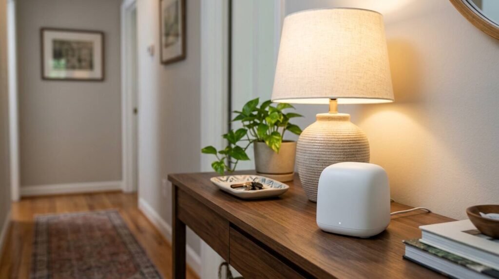 Satellite mesh node on a hallway console table