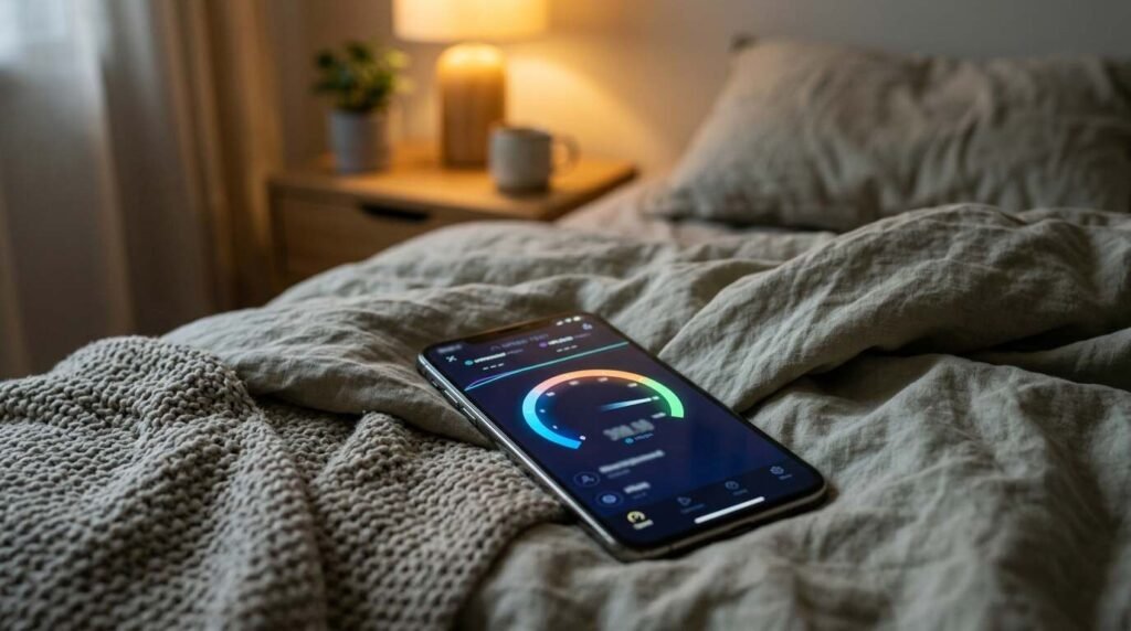 Phone showing a speed test dial in a bedroom