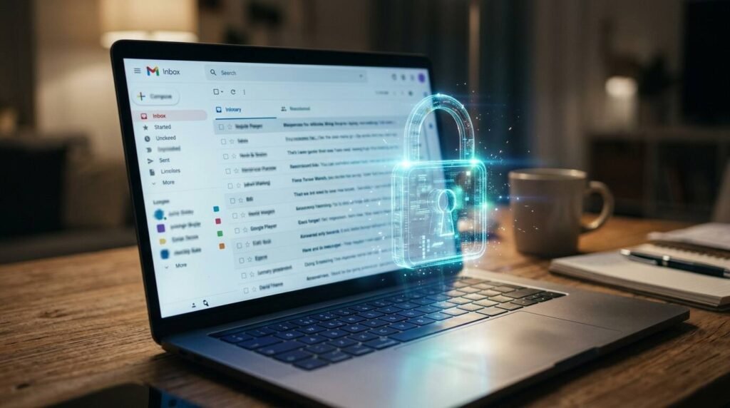 Laptop email inbox with a padlock icon