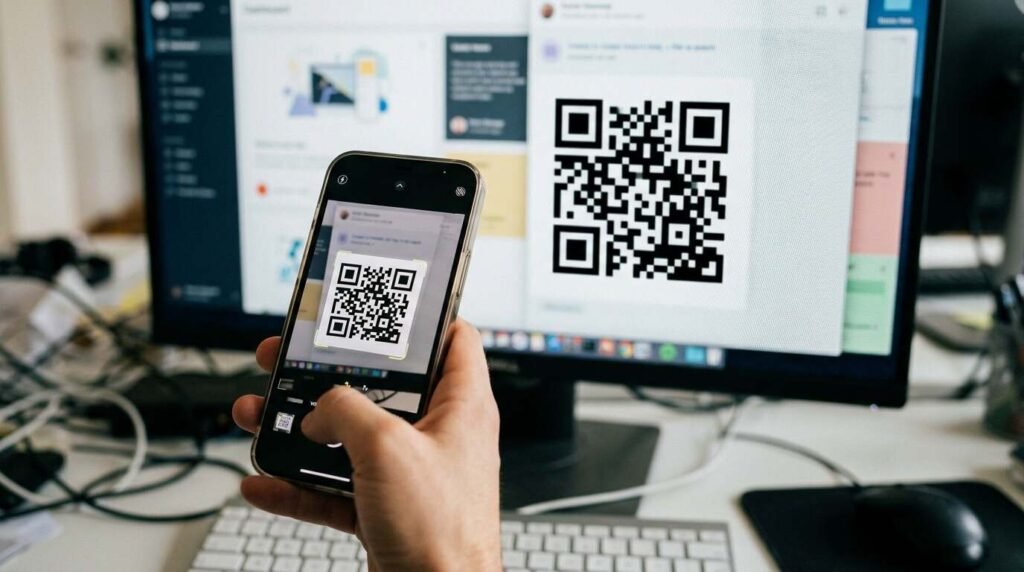 Phone scanning a QR code on a monitor