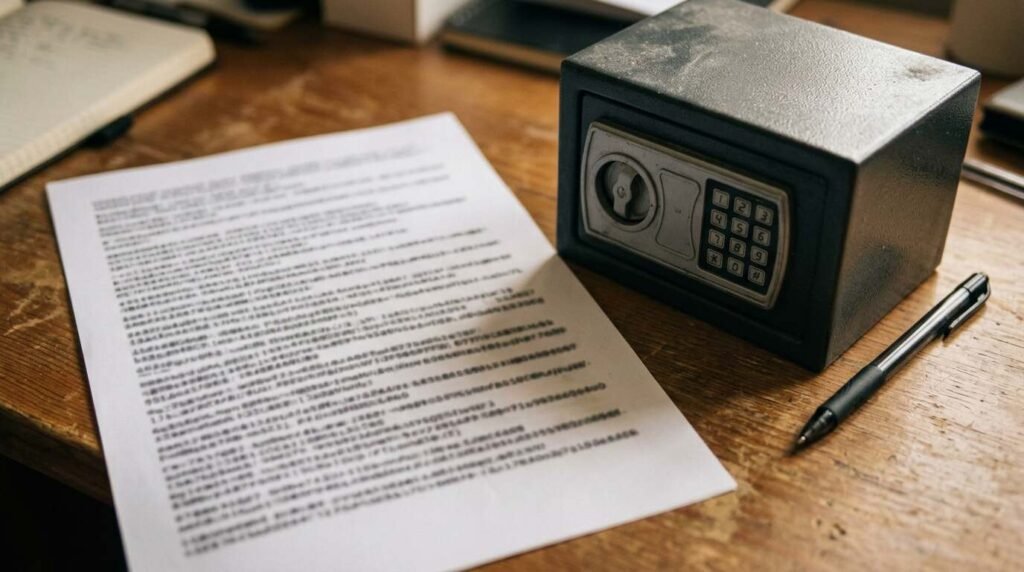 Printed sheet of recovery codes beside a pen and a small safe