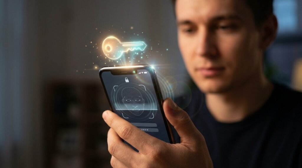 Phone unlocking with face recognition and a key icon