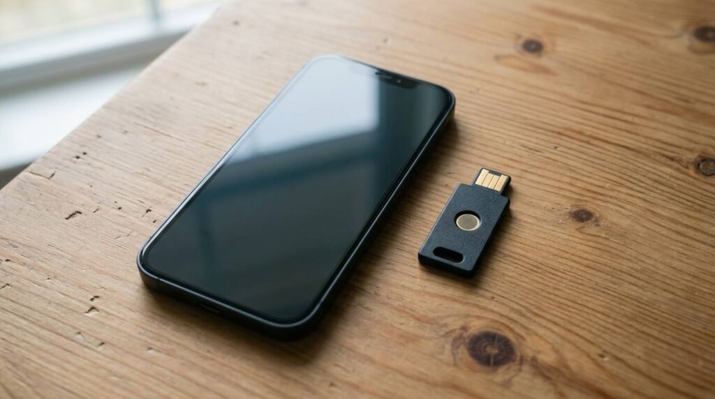 Smartphone beside a hardware security key