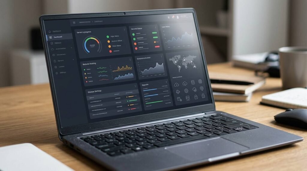 Hosting control panel dashboard on a laptop