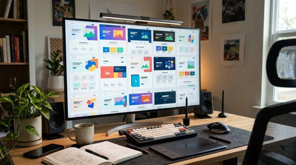 Grid of website theme layout previews on a monitor