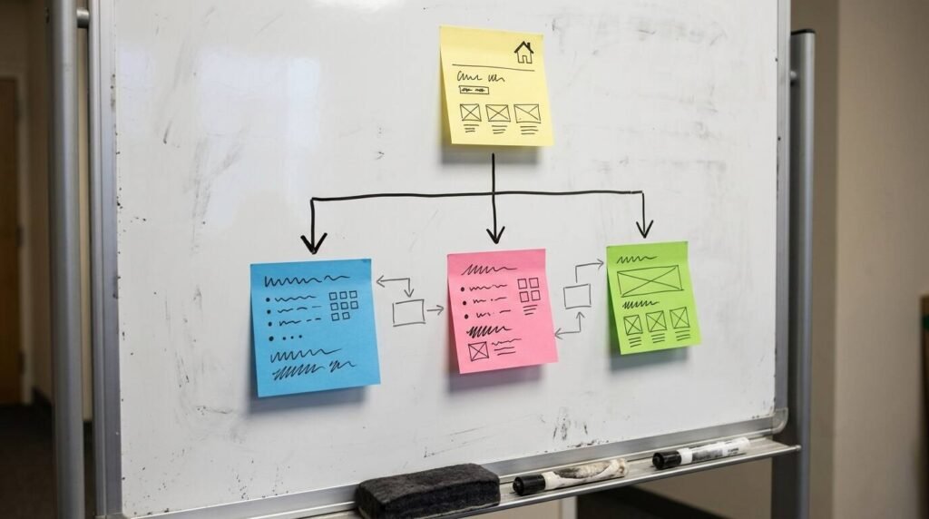 Sitemap sketch with sticky notes on a whiteboard