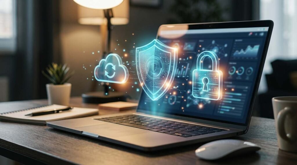 Laptop with shield, cloud backup and lock icons for website protection