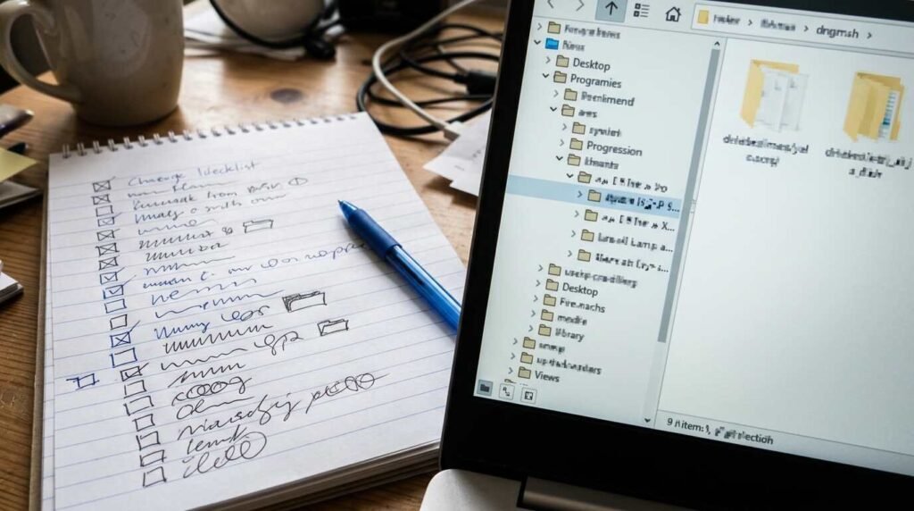 Checklist of folders on a notepad beside a laptop