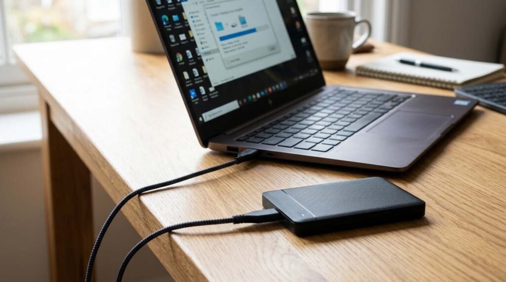 External hard drive connected to a laptop with a backup progress bar