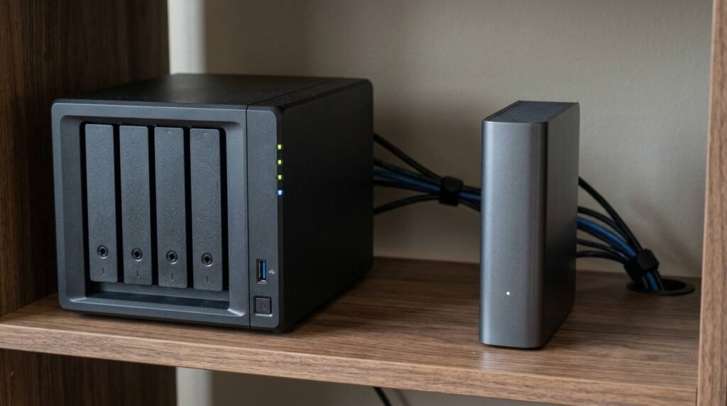 Network storage box and a second external drive on a shelf