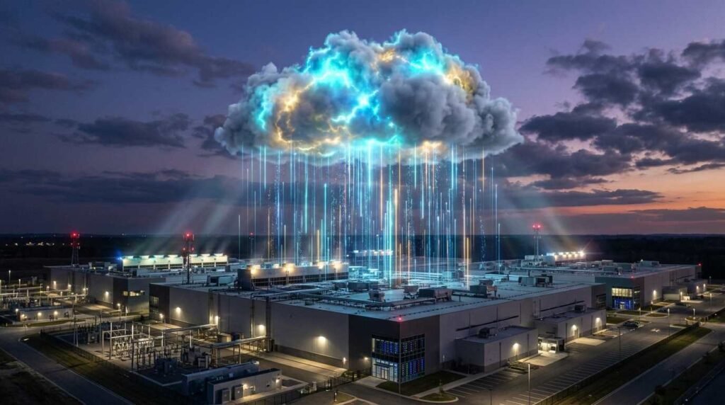 Glowing cloud above a data center for an offsite backup